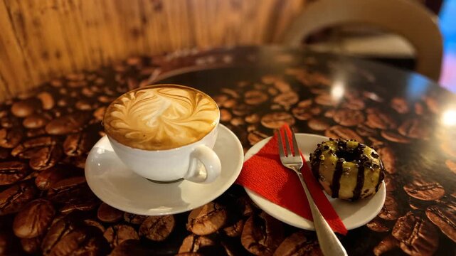 Cup of cappuccino with latte art and chocolate glazed dessert on saucer in cozy cafe setting, coffee break, sweet treat, warm atmosphere