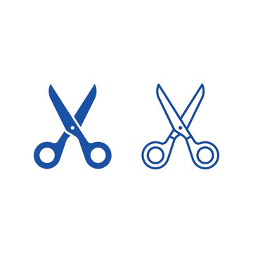 Pair of Blue Scissors Icons: Solid Silhouette and Outline Style on White Background