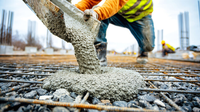 Workers are pouring fresh concrete into a mold at a construction site. Steel rebar is placed on the ground. Other workers are visible in the background