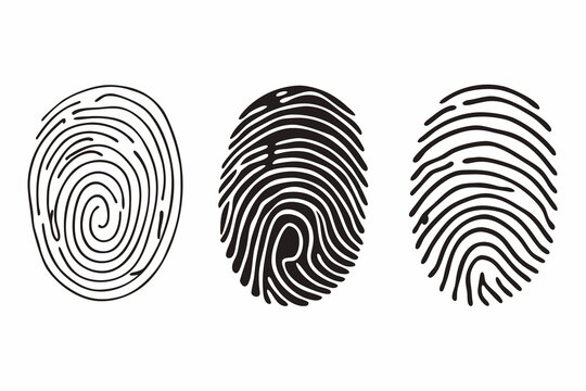 Fingerprint icons, biometric symbols, thumbprint illustrations, black and white vector graphics