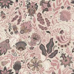 Naklejka premium Tossed Botanical Paisley Beige Backdrop