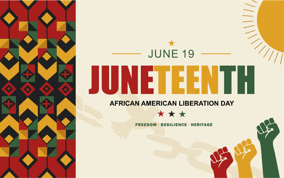 Vibrant Juneteenth banner with African patterns, raised fists, and bold typography. Celebrates freedom, resilience, and heritage in Pan-African colors. Ideal for cultural events, social media, and awa