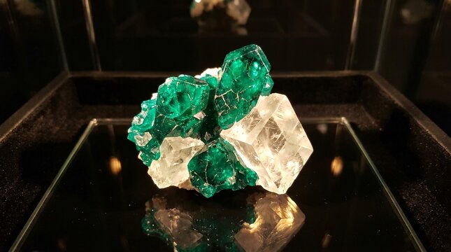 Brilliant translucent emerald green Dioptase crystal cluster grows alongside a clear geometric calcite formation on a black glass surface.