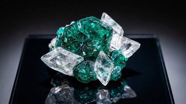Brilliant translucent emerald green Dioptase crystal cluster grows alongside a clear geometric calcite formation on a black glass surface.