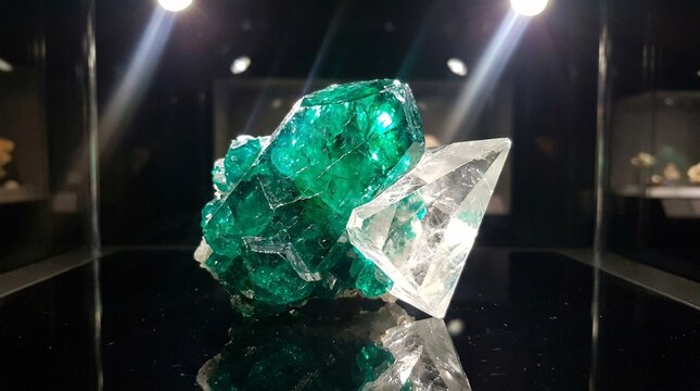 Brilliant translucent emerald green Dioptase crystal cluster grows alongside a clear geometric calcite formation on a black glass surface.