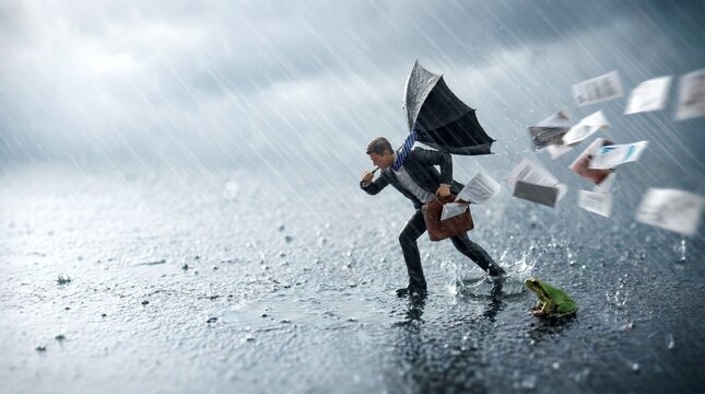 Businessman Struggling Against Strong Headwind in Heavy Rain, Miniature Diorama Concept of Business Challenges and Adversity
