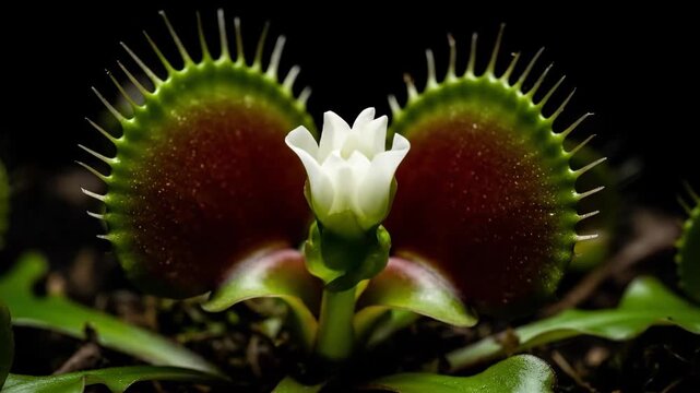A venus flytrap plant with a closed carnivorous trap and a white flower bud during daytime in its natural habitat