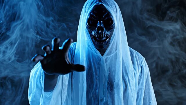 Hooded figure with skull mask and smoke highlighting geometric patterns and contemporary art