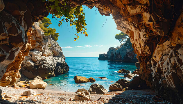 View of a serene cove from within a rocky cave, clear blue ocean water, sunny sky, natural landscape, tranquil summer scene