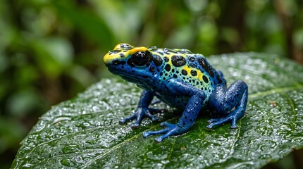 Obraz premium Macro Close-Up of Poison Dart Frog on Leaf with Vibrant Colors and Texture
