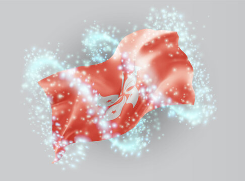 Hong Kong, vector 3d flag in whirlwind of magical radiance