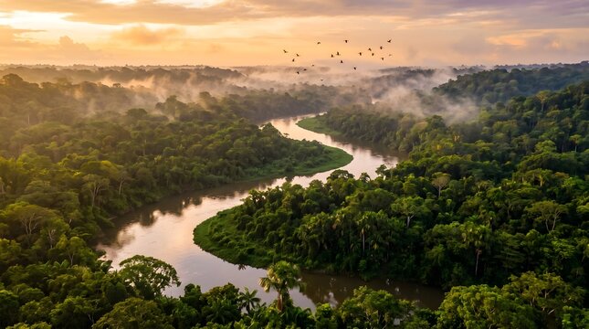 Amazon River Wide Landscape with Dense Rainforest and Misty Tropical Atmosphere