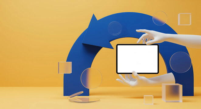 Circular arrow background for return process messaging and renewal prompts, with blank frame for service reminders, exchange instructions and recurring order updates across retail