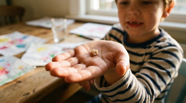 Young boy holding a lost baby tooth in his open hand with first tooth losing teeth milk tooth permanent tooth