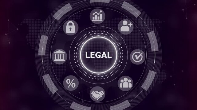 Digital interface showing the word legal surrounded by circular representing business and legal concepts on a dark purple background with a subtle map pattern overlay
