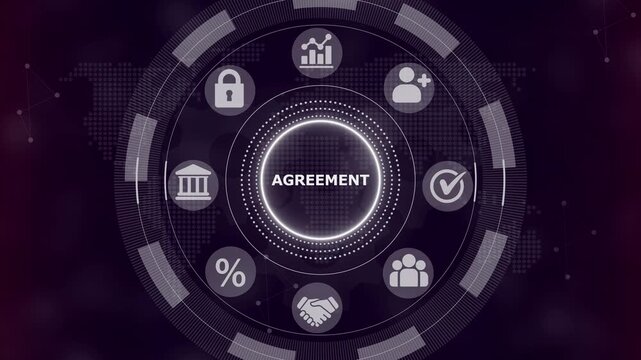 Digital interface showing the word agreement surrounded by circular representing business and legal concepts on a dark purple background with a subtle map pattern overlay