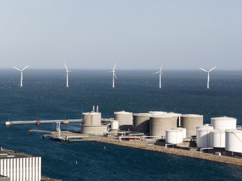 View from CopenHill rooftop in Copenhagen, featuring offshore wind turbines and sustainable modern architecture, Denmark