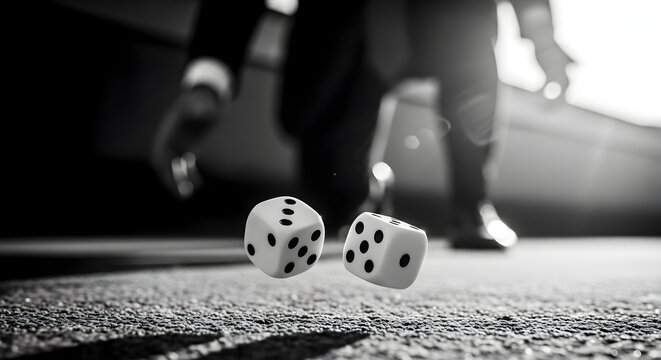 Dramatic black and white dice rolling on a casino table, high stakes gambling and risk concept, businessman throwing dice in motion