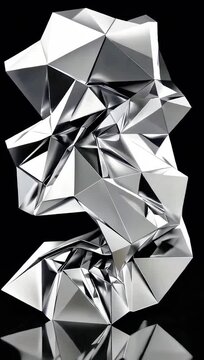 Abstract Silver Geometric Sculpture Reflecting Light on Black Background.