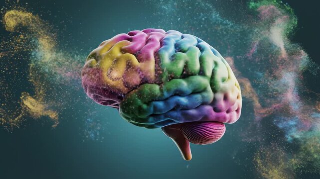 Colorful brain with particle effect highlighting geometric patterns and contemporary art