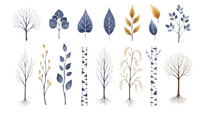 Watercolor illustrations of trees and leaves in various styles and seasons