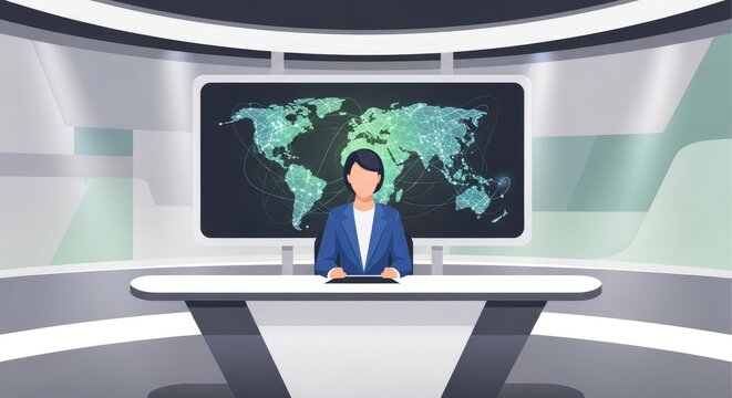 Digital news anchor in a modern broadcast studio with a global world map screen. Female reporter presenting international information and technology.