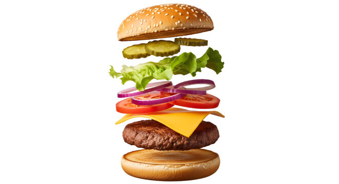 A mouthwatering burger with all its ingredients floating in midair, isolated on transparent background
