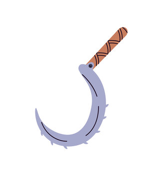 Mediaeval sickle with ornamented handle. Ancient work tool with shape of hook. Icon of gathering hay or wheat, agriculture harvest, farm crop. Flat isolated vector illustration on white background