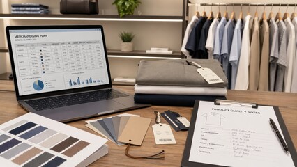 Obraz premium Meeting on product planning with laptop, fabric swatches, and quality notes in a clothing store during the day