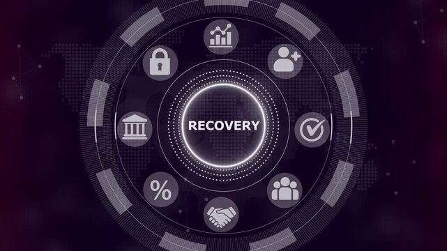 Digital interface featuring a central glowing button labeled recovery surrounded by circular representing data security and business analytics on a dark purple background