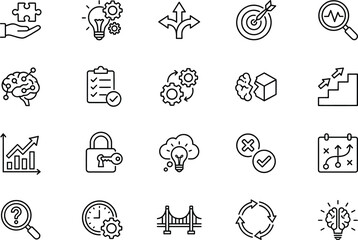 Fototapeta premium A collection of line art icons representing various business strategy concepts, including problem-solving, innovation, decision-making, goals, and analytics. Ideal for presentations and web design.