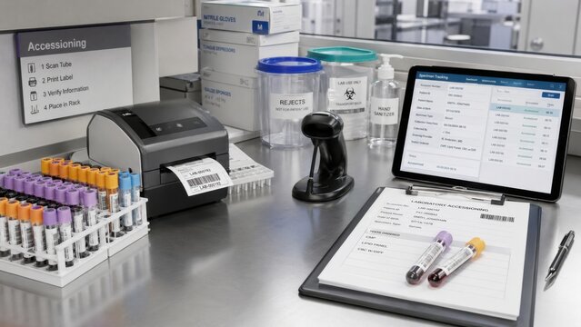 Laboratory setup for sample processing at a medical facility with equipment and materials in use