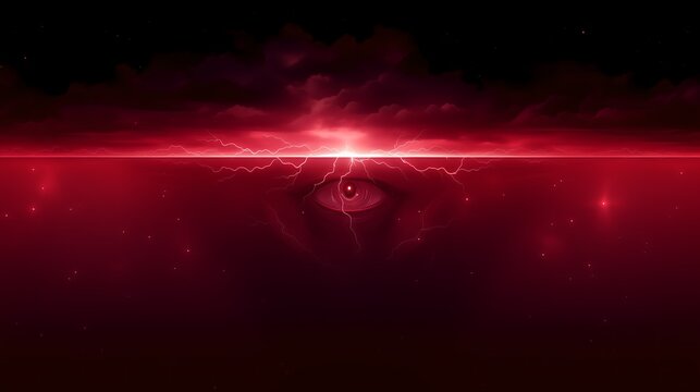 Dramatic red cosmic eye with lightning over dark sky, abstract fantasy background for poster, cover, wallpaper, a stranger world full of mystery
