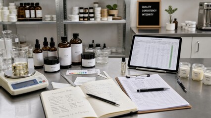 Obraz premium Laboratory workspace for cosmetic product development with various ingredients and tools at midday