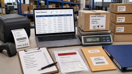 Obraz premium Export shipment details and packing process taking place in a warehouse setting during the day with various documents, a laptop, and packages present on the table