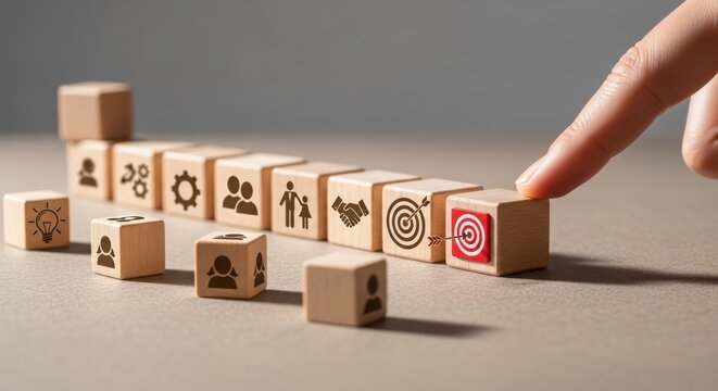 Hand knocking down wooden blocks with icons representing business concepts