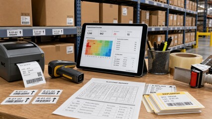 Obraz premium Warehouse operations involve data tracking and inventory management with devices, documents, and labels on a workspace near storage boxes