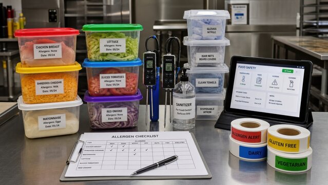Food safety setup with allergen checklist and ingredient containers in a kitchen environment showing organization of food items