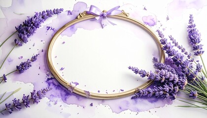 Obraz premium Beautiful oval gold frame decorated with fresh lavender flowers and elegant silk ribbon on a soft purple watercolor background texture.
