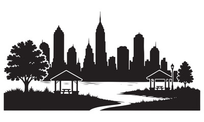 Fototapeta premium Urban waterfront park silhouette, waterfront park skyline, urban, vector isolated on white