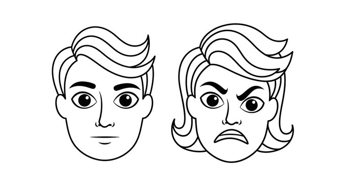Black and white of two cartoon faces with exaggerated expressions emotion
