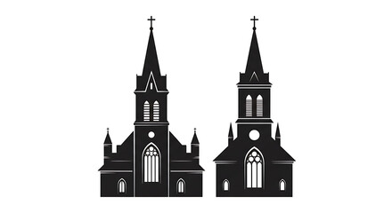 Obraz premium Black and white of two symmetrical churches with tall spires and arched windows building architecture