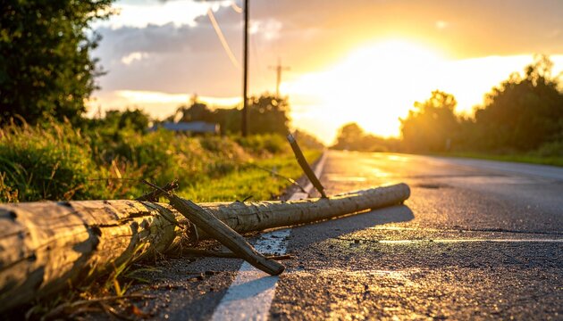 Fallen wooden utility pole lying across an asphalt road during a scenic sunset with warm golden light illuminating the country landscape.