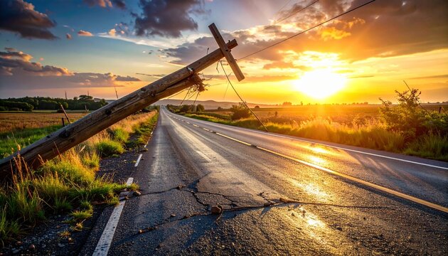 Fallen power pole lying across a rural road at sunset with dramatic sky and beautiful golden light illuminating the landscape scenery.