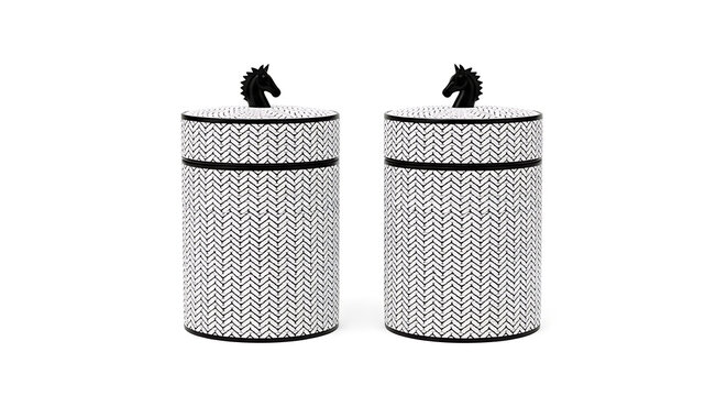Black and white of two tall cylindrical containers with textured surfaces and black caps cylinder