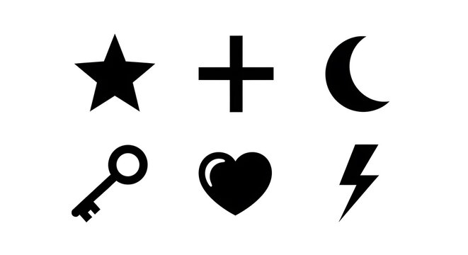Black and white set including star, plus, parenthesis, question mark, circle, and slash