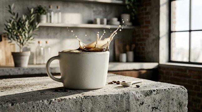 Coffee Mug on Stone Kitchen Counter.