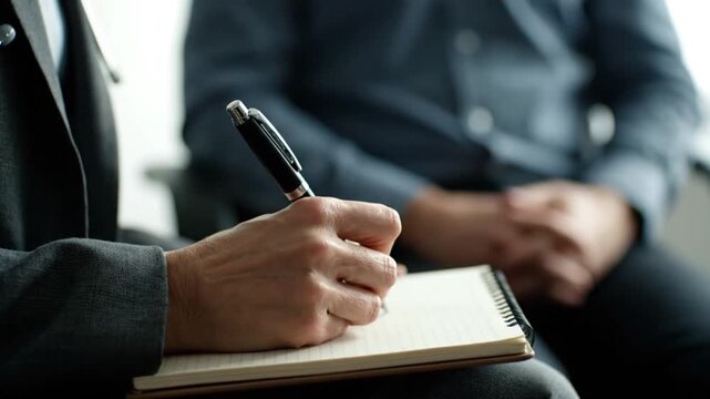Close Up of Professional Writing Notes During a Consultation or Therapy Session in an Office