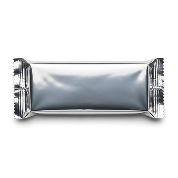 A wrapped rectangular foil packet sealed with black crimped edges