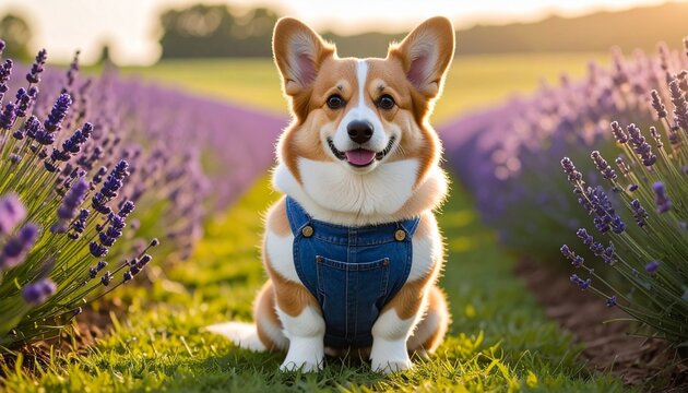 A cute welsh corgi dog wearing denim overalls sitting happily in a beautiful summer lavender field during sunset with soft warm lighting.